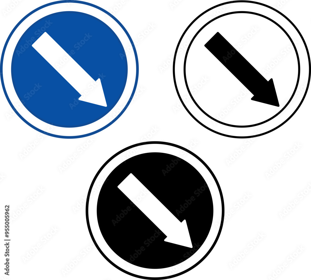 Keep Right Signs. Blue Road Signs. Black and White Vector Icons Keep Right Signs. Blue Road Signs. Black and White Vector Icons