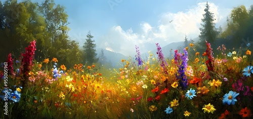 A Vibrant Wildflower Meadow with a Mountainous Backdrop photo