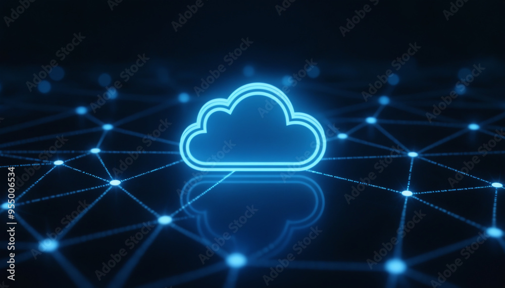 Cloud Icon with Network Integration: A cloud icon connected within a network, symbolizing cloud computing and data storage in a digital environment. Cloud Icon with Network Integration: A cloud icon connected within a network, symbolizing cloud computing and data storage in a digital environment.