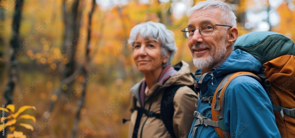 Fototapeta premium Elderly couple hiking in autumn forest with backpacks and smiling.