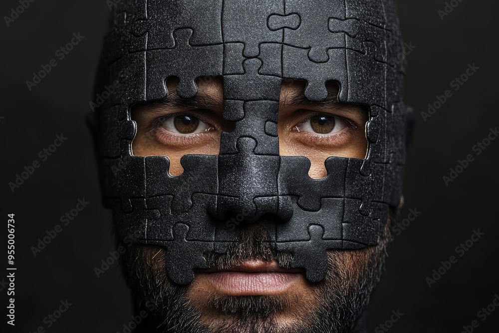 Cerebral palsy Imagination Moody portrait of a man with a face covered in puzzle pieces symbolizing the fragmentation of thought and the challenge of intellectual discovery Cerebral palsy Imagination Moody portrait of a man with a face covered in puzzle pieces symbolizing the fragmentation of thought and the challenge of intellectual discovery