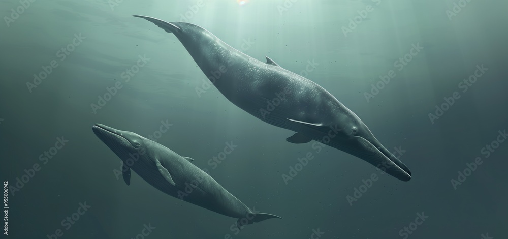 Majestic aquatic spade toothed beaked whales swimming underwater in serene ocean environment. Majestic aquatic spade toothed beaked whales swimming underwater in serene ocean environment.