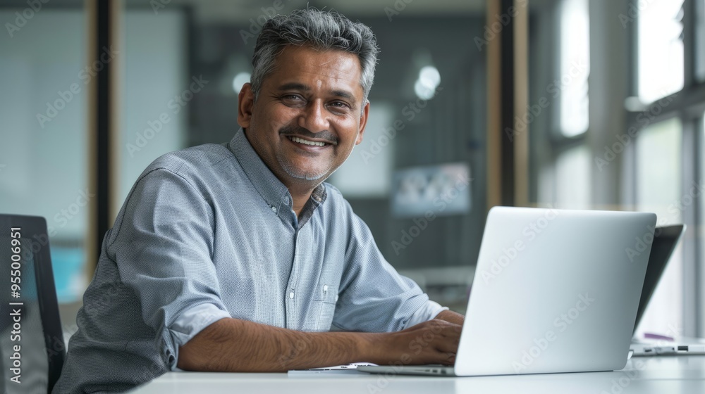 A man is sitting at a desk with a laptop in front of him A man is sitting at a desk with a laptop in front of him