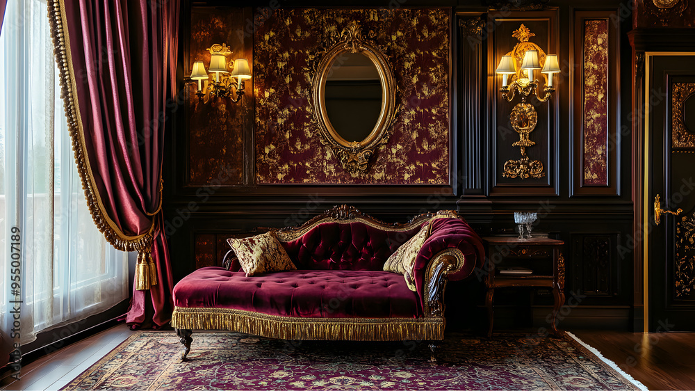 Fototapeta premium A luxurious Victorian-style living room with dark walls, intricate red and gold wallpaper, and elegant wood paneling