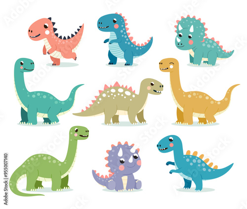 Cute dinosaurs set flat cartoon illustration.