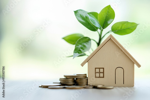 Eco friendly real estate investment concept background. Plant Leaves Sprouting Model House with Stacked Coins