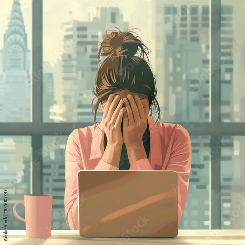 Young woman with brown hair covering her face in frustration while working on a laptop in a modern office with city skyline views