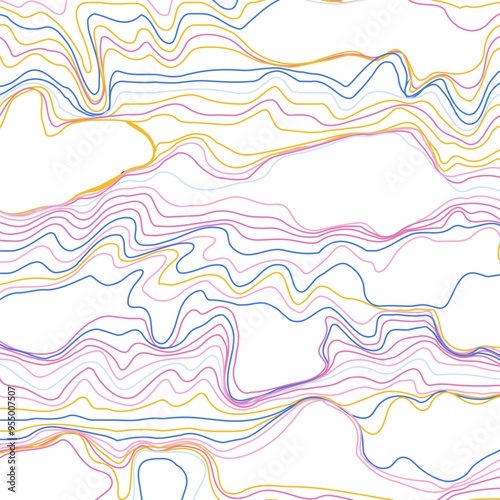 Abstract pattern of colored lines . The pattern of spreading water with islands. The concept of technology, science, sound propagation, landscape change, illusion and hallucination