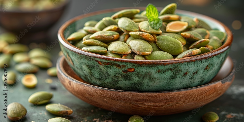 Green pumpkin seeds in a rustic ceramic bowl, garnished with mint, perfect for a healthy snack. Green pumpkin seeds in a rustic ceramic bowl, garnished with mint, perfect for a healthy snack.