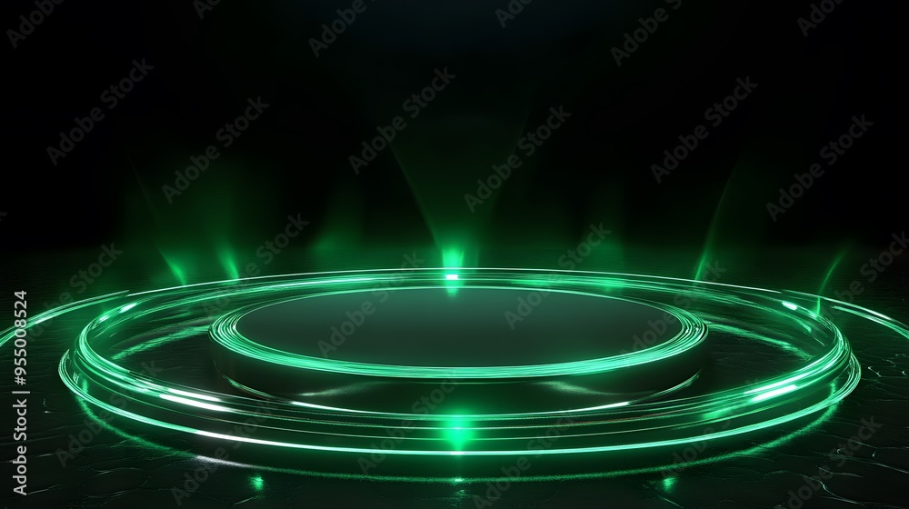 Fototapeta premium Technology green circle light stage on black background