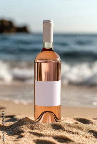 Rose wine with blank mock up label on a sandy beach with the sunset ocean in the background