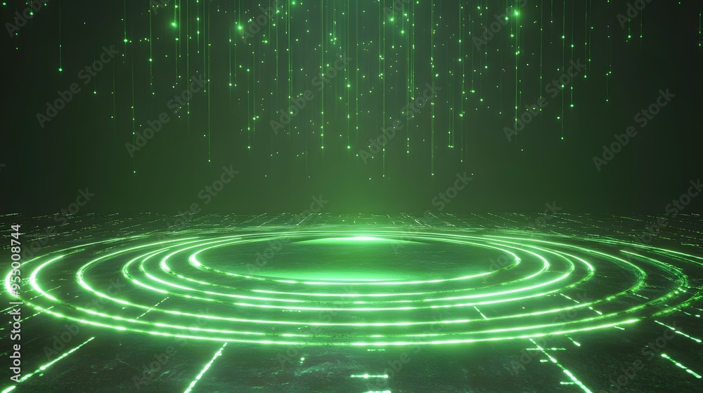 Obraz premium Technology green circle light stage on black background