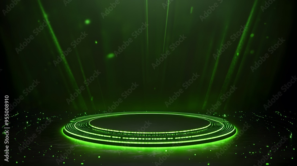 Obraz premium Technology green circle light stage on black background