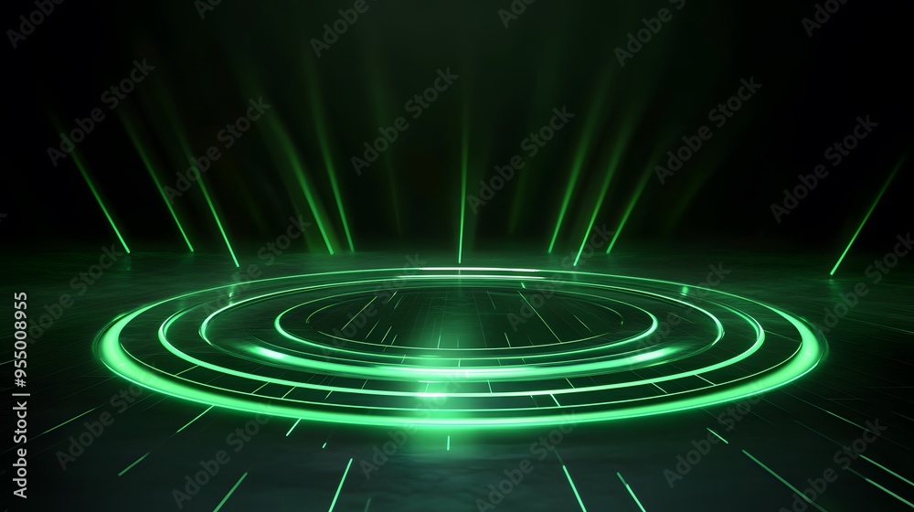 Obraz premium Technology green circle light stage on black background