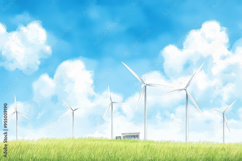 Wind turbines powering small business, eco-friendly energy, Watercolor style Wind turbines powering small business, eco-friendly energy, Watercolor style