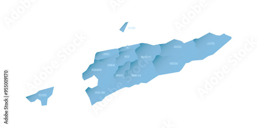 East Timor political map of administrative divisions - municipalities and Special Administrative Region Oecusse-Ambeno. Shaded vector map with 3D-like blue gradient and name labels photo