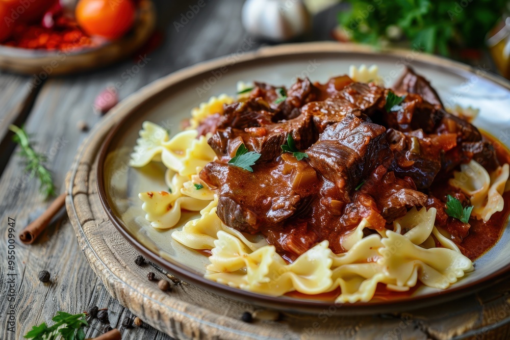 A serving of kokkinisto, beef stew cooked in a rich tomato sauce with cinnamon and cloves, served with pasta A serving of kokkinisto, beef stew cooked in a rich tomato sauce with cinnamon and cloves, served with pasta