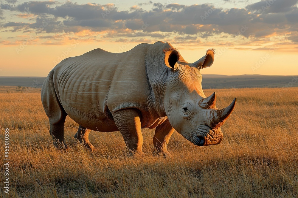 Obraz premium White rhinoceros walking through tall grass at sunset