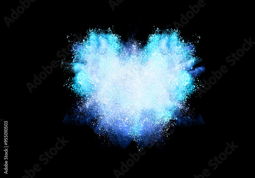 Explosion of Heart colored powder and dust smoke splash blue on black background
