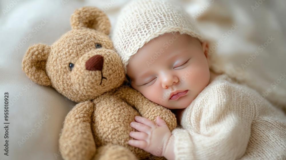 A newborn baby girl sleeps soundly with a teddy bear.
