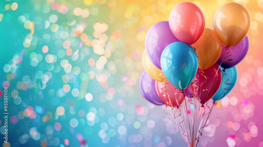 A vibrant image of multi-coloured helium balloons tied together against a festive background with bokeh. Elements of festivity and liveliness are depicted using glittery decorations A vibrant image of multi-coloured helium balloons tied together against a festive background with bokeh. Elements of festivity and liveliness are depicted using glittery decorations