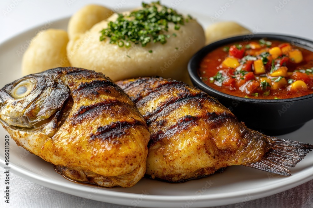 Grilled Fish with Fufu, Salsa, and Parsley Grilled Fish with Fufu, Salsa, and Parsley