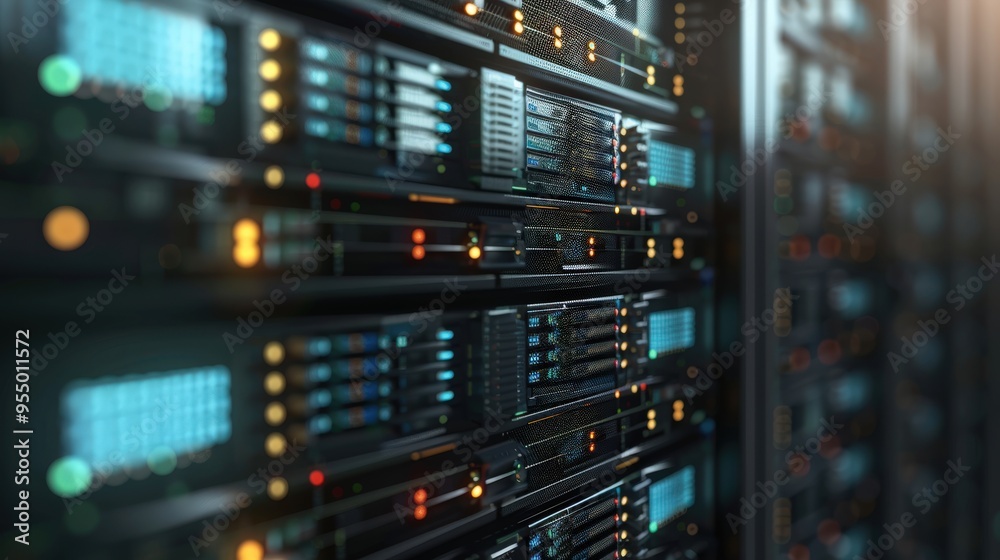 Fototapeta premium Database Server. Illustration of Database Tables in Server Room with Datacenter Background