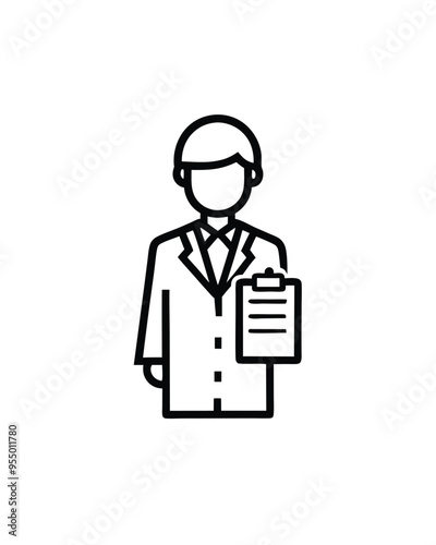 Editable stroke vector illustration of a scientist in a lab coat holding a clipboard.