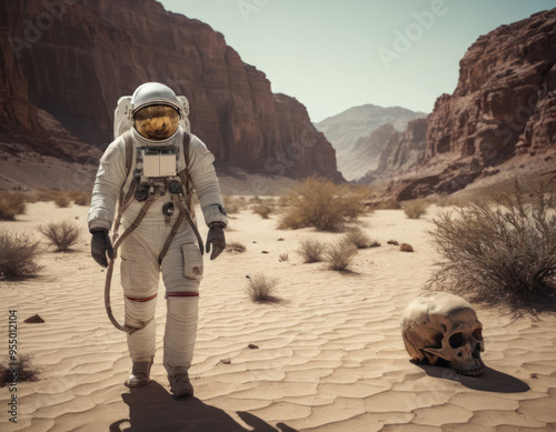 An astronaut walks on a desert planet where bones and skulls of a past civilization lie