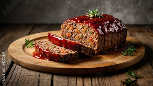 classic american dish meatloaf isolated on a wooden plate, concept for advertisement photo