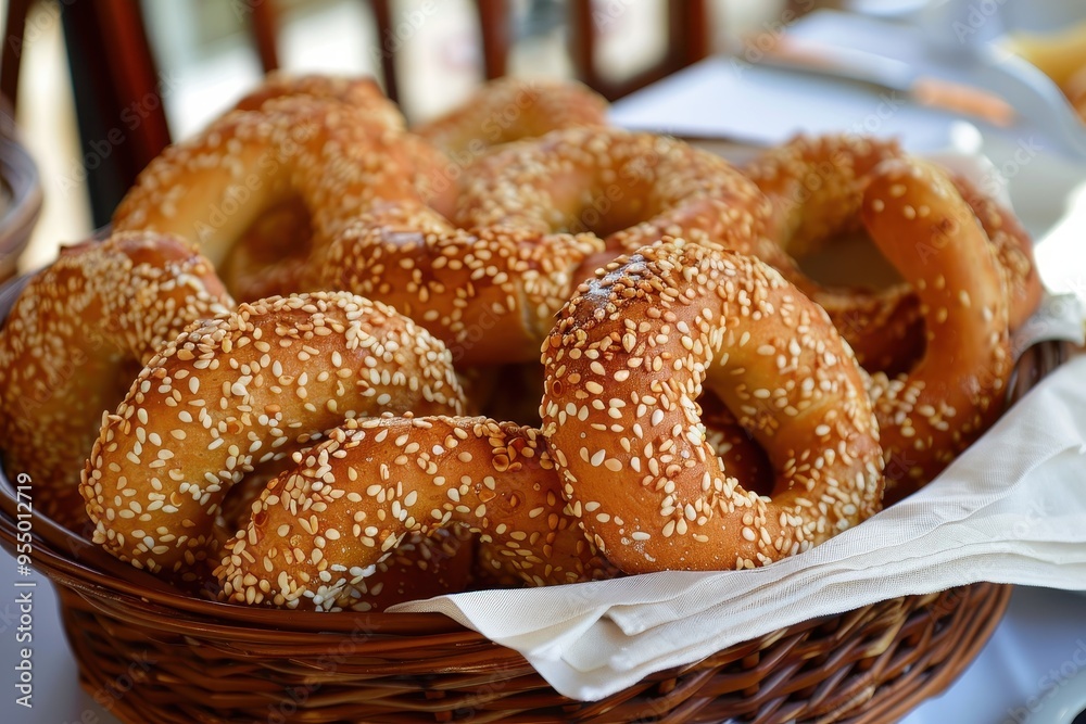 A serving of koulouri, sesame-coated bread rings arranged in a basket, perfect for a traditional Greek breakfast A serving of koulouri, sesame-coated bread rings arranged in a basket, perfect for a traditional Greek breakfast