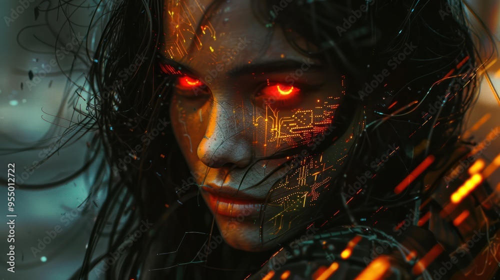 Cyberpunk Woman with Glowing Red Eyes Cyberpunk Woman with Glowing Red Eyes