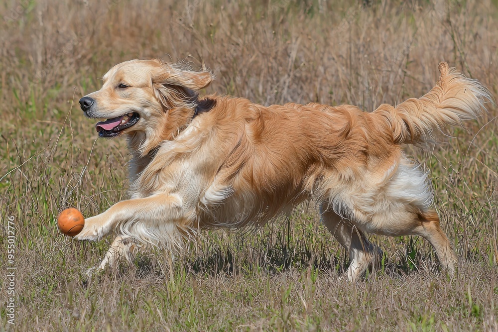 Golden Retriever Running with Orange Ball in Grass Golden Retriever Running with Orange Ball in Grass