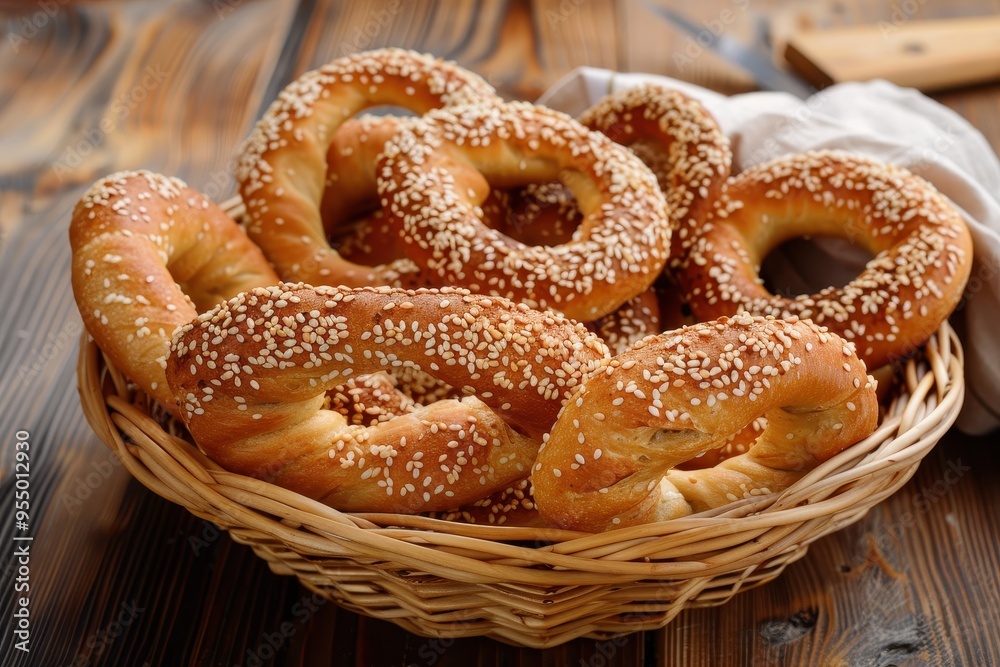 A serving of koulouri, sesame-coated bread rings arranged in a basket, perfect for a traditional Greek breakfast A serving of koulouri, sesame-coated bread rings arranged in a basket, perfect for a traditional Greek breakfast