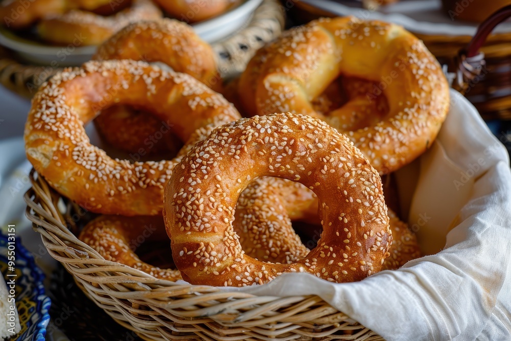 A serving of koulouri, sesame-coated bread rings arranged in a basket, perfect for a traditional Greek breakfast A serving of koulouri, sesame-coated bread rings arranged in a basket, perfect for a traditional Greek breakfast