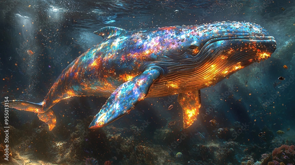 A majestic whale with iridescent skin, swimming in a luminous ocean A majestic whale with iridescent skin, swimming in a luminous ocean