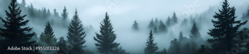 “Misty Forest Landscape with Tall Trees and Foggy Mountain Peaks, Creating a Mysterious and Tranquil Scene, Perfect for Nature Photography and Atmospheric Landscapes with Emphasis on Depth and Serene 