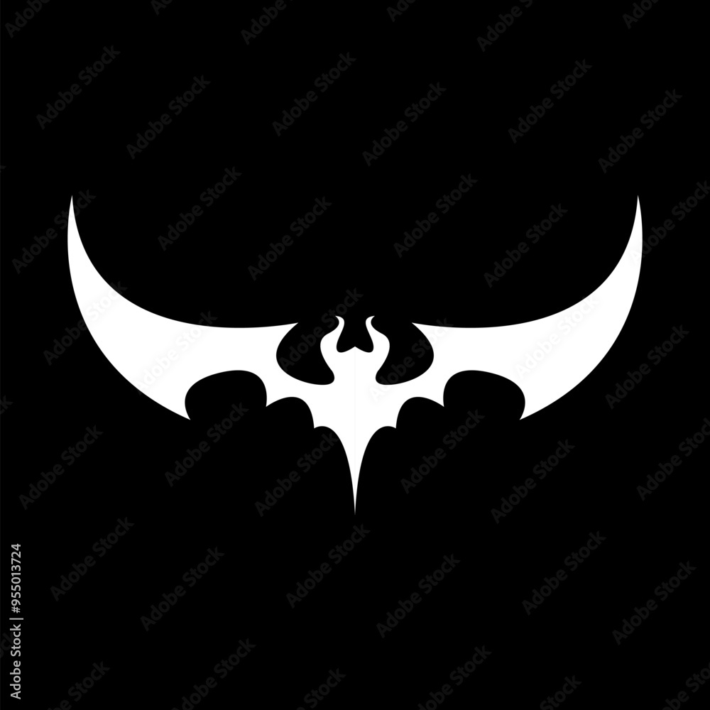 vector halloween white bat animal icon, logo and sign isolated on balck background. vector bat silhouette with wings. vector abstract bat tattoo art concept design template