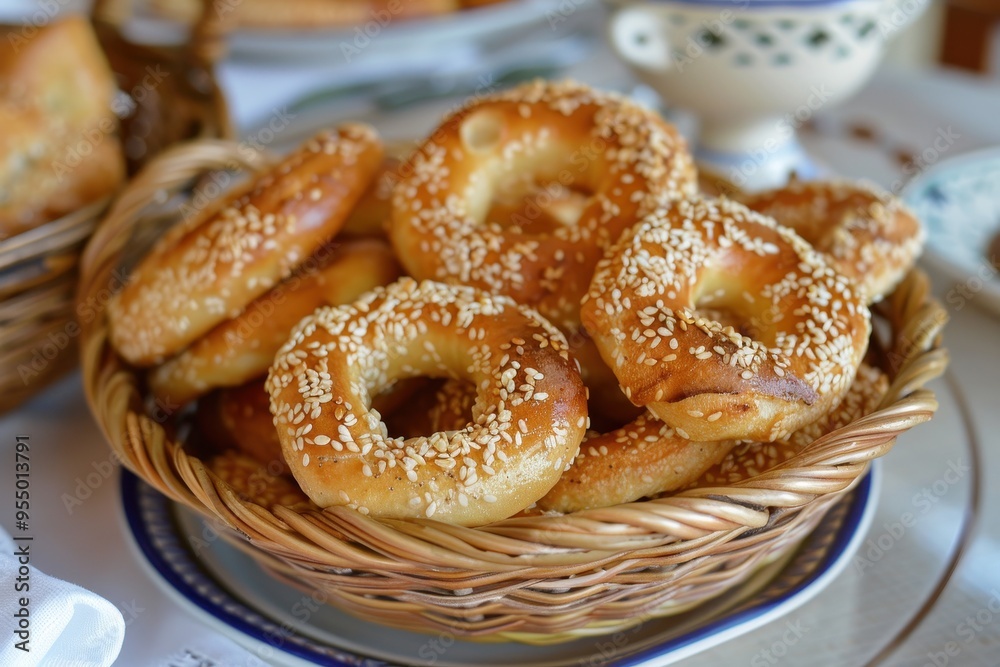 A serving of koulouri, sesame-coated bread rings arranged in a basket, perfect for a traditional Greek breakfast A serving of koulouri, sesame-coated bread rings arranged in a basket, perfect for a traditional Greek breakfast