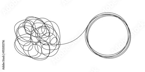 Chaotically tangled line and untied knot in form of circle. Psychotherapy concept of solving problems is easy. Unravels bad mental health. Vector illustration