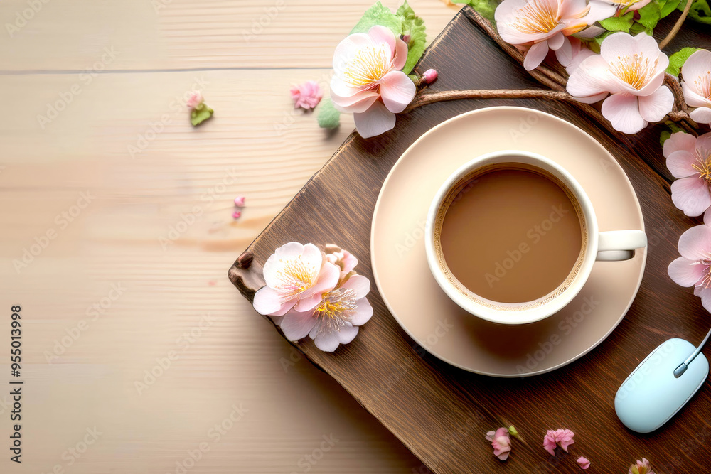 Top view of coffee in mug with cherry blossoms, space for text Top view of coffee in mug with cherry blossoms, space for text