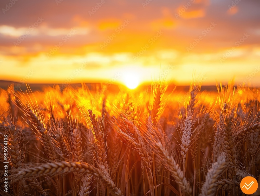 A golden sunset illuminates a wheat field creating a mesmerizing natural scene A golden sunset illuminates a wheat field creating a mesmerizing natural scene