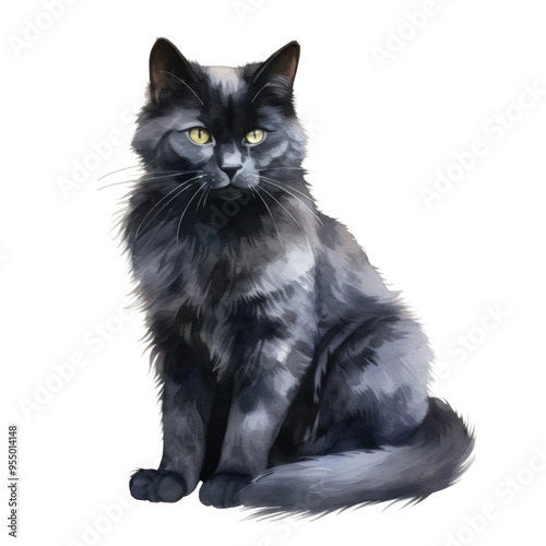 A Watercolor Painting of a Sitting Black Cat with Yellow Eyes