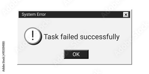 Old system error message in black color. Retro warning notification window. System crash information.