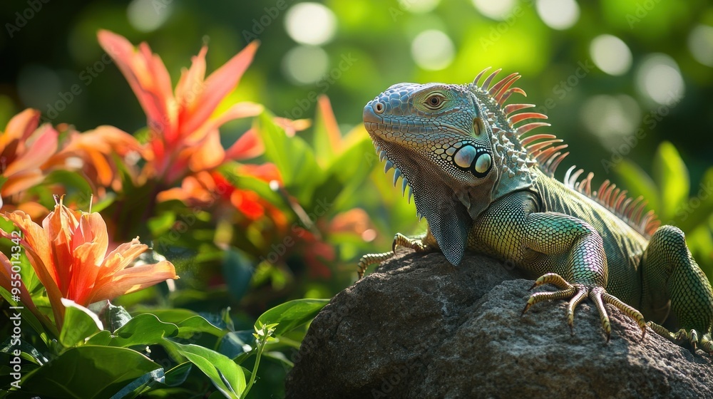Fototapeta premium Iguana basking on a rock in a lush tropical environment