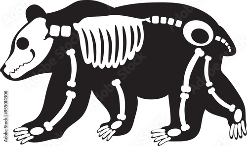 Silhouette Halloween Grizzly bear with roentgen skeleton bones, fairy tale creepy character. Scary shadow outline of Grizzly bear. Simple black and white Vector isolated on white background