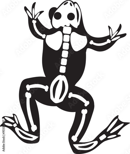Silhouette Halloween jumping frog with roentgen skeleton bones, fairy tale creepy character. Scary shadow outline of jumping frog. Simple black and white Vector isolated on white background