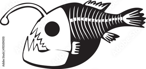 Silhouette Halloween deep sea fish angler with roentgen skeleton bones, fairy tale creepy character. Scary shadow outline of sea fish angler. Simple black and white Vector isolated on white background