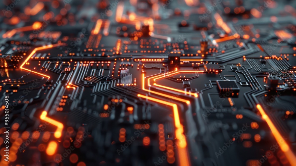 Circuit Board with Glowing Orange Lines Circuit Board with Glowing Orange Lines