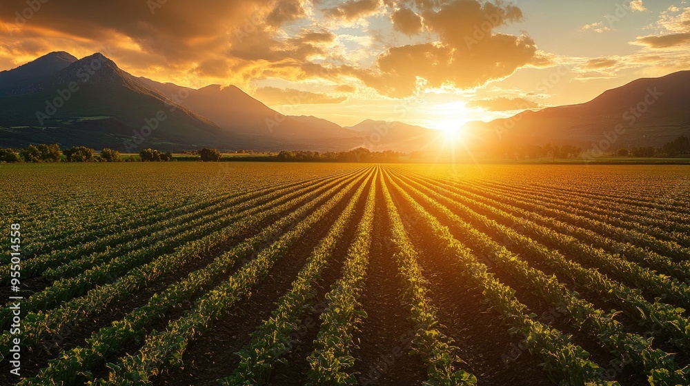 Lush green fields and mountains under a golden sunset, with rows of crops illuminated by the setting sun Lush green fields and mountains under a golden sunset, with rows of crops illuminated by the setting sun